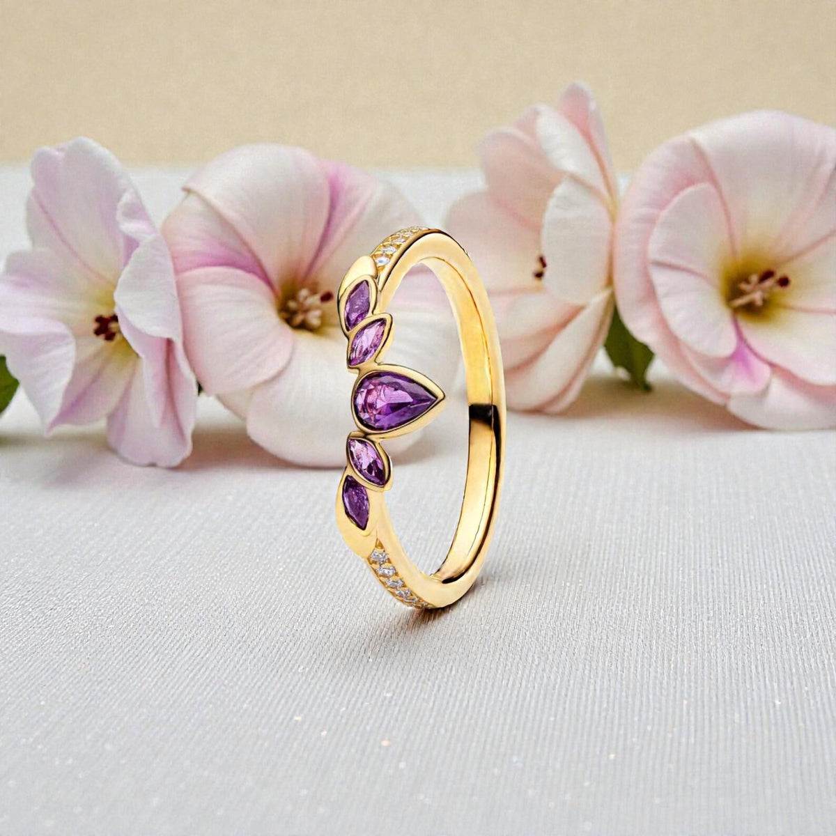 Anna-inspired gold-plated tiara ring with violet and clear stones