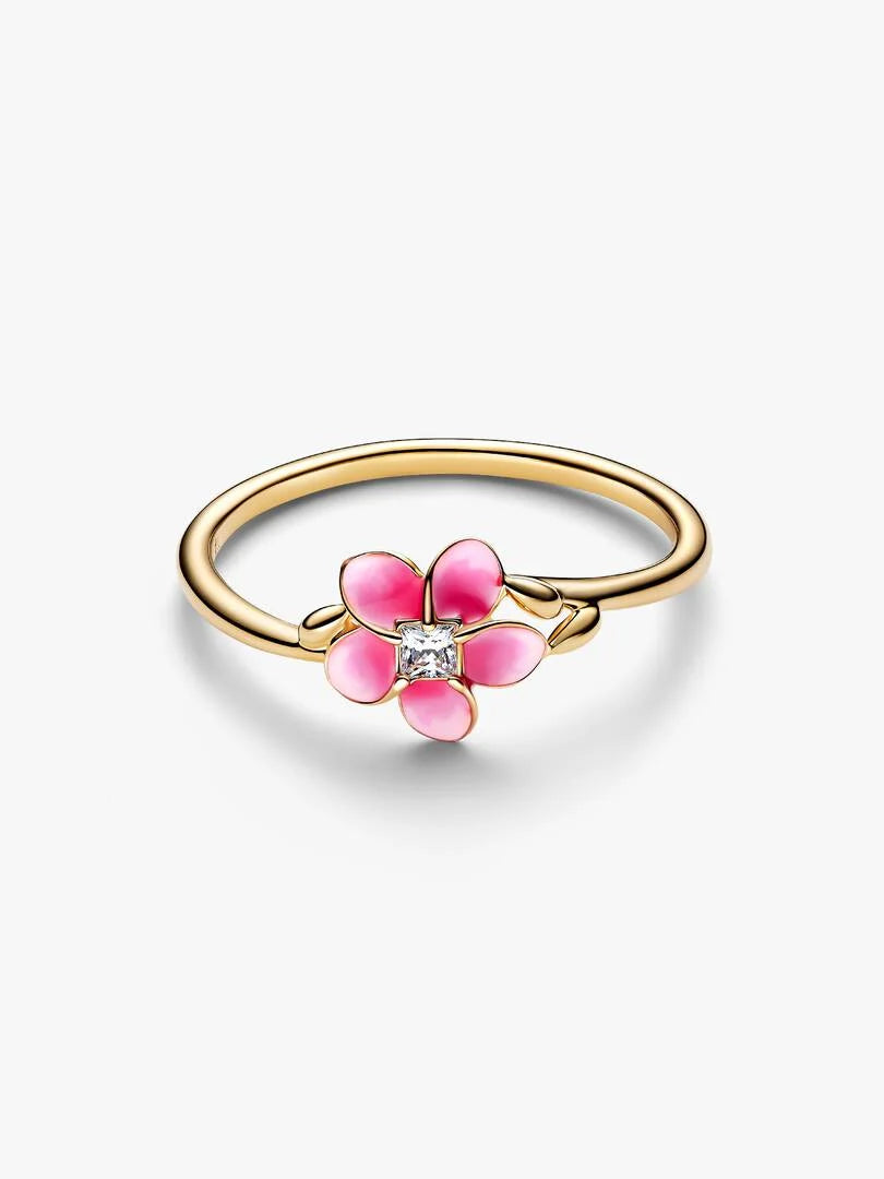 Moana-inspired gold-plated flower ring with pink enamel petals (view 2)