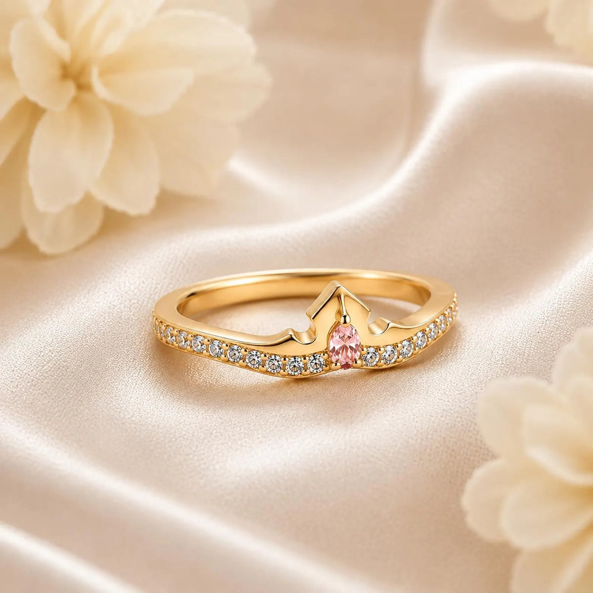 Aurora-inspired gold-plated tiara ring with a pink center stone (view 2)