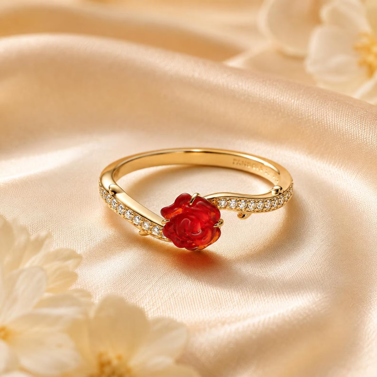 Gold-plated enchanted rose ring with thorn details (view 2)