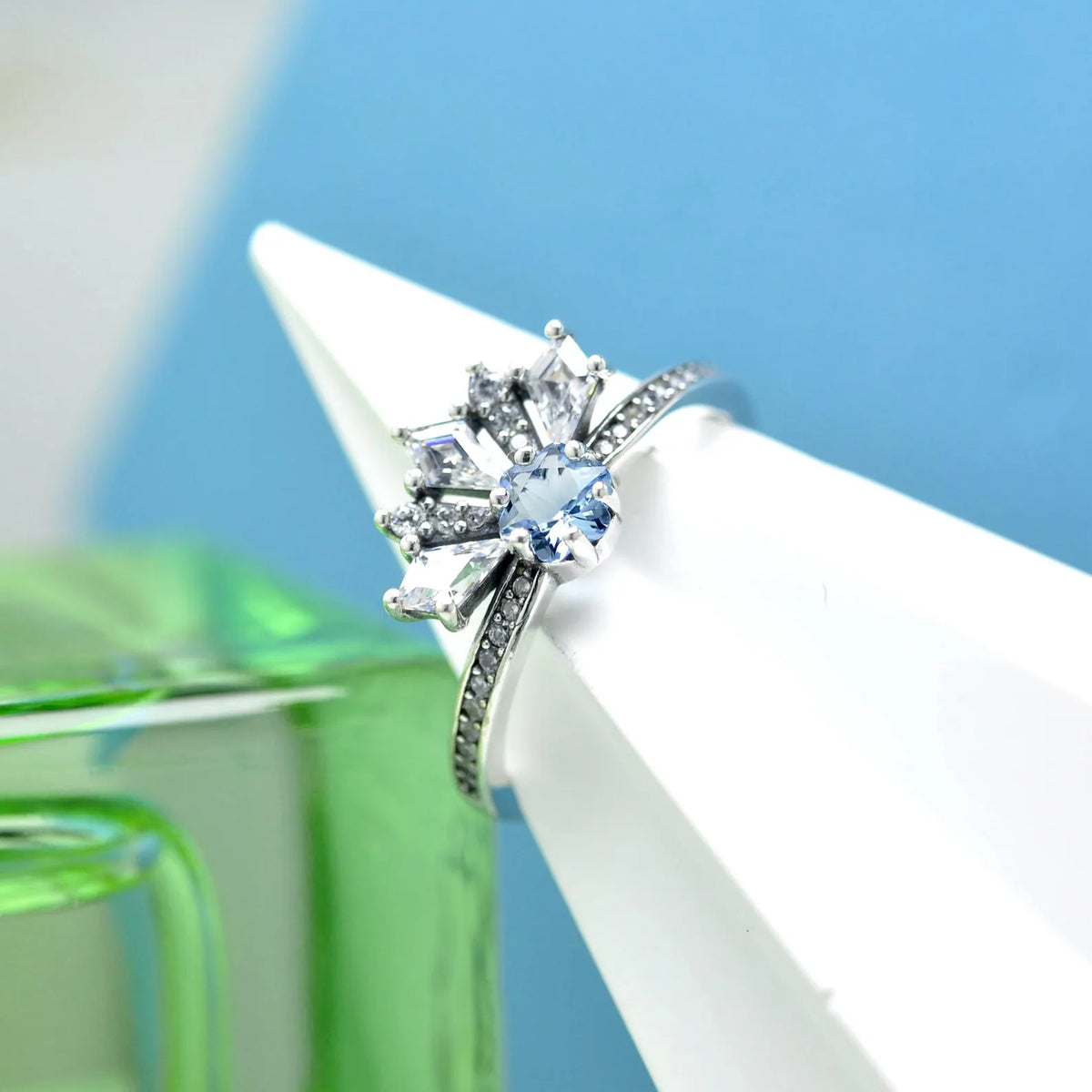 Elsa-inspired silver alloy tiara ring with icy blue and clear stones (view 2)