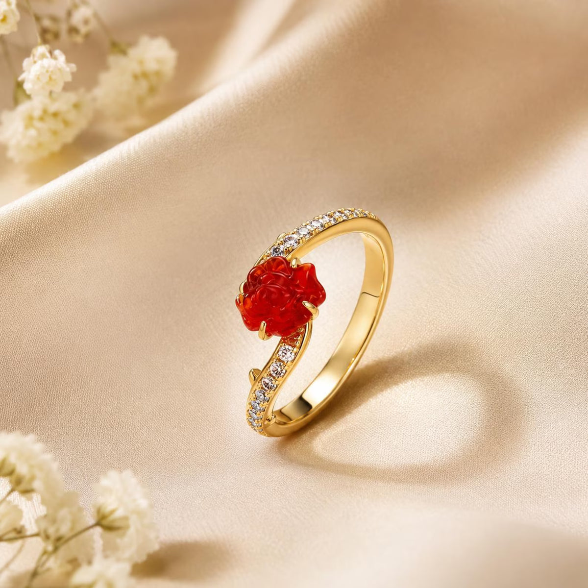 Gold-plated enchanted rose ring with thorn details (view 3)