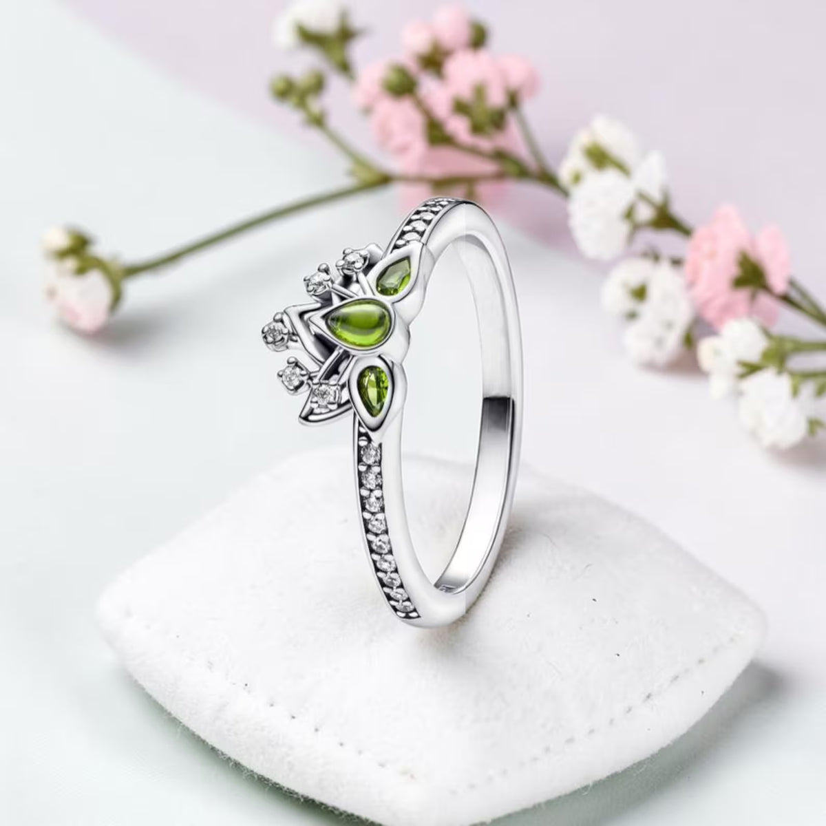 Tiana-inspired tiara ring with light green crystals, gold-plated or silver alloy