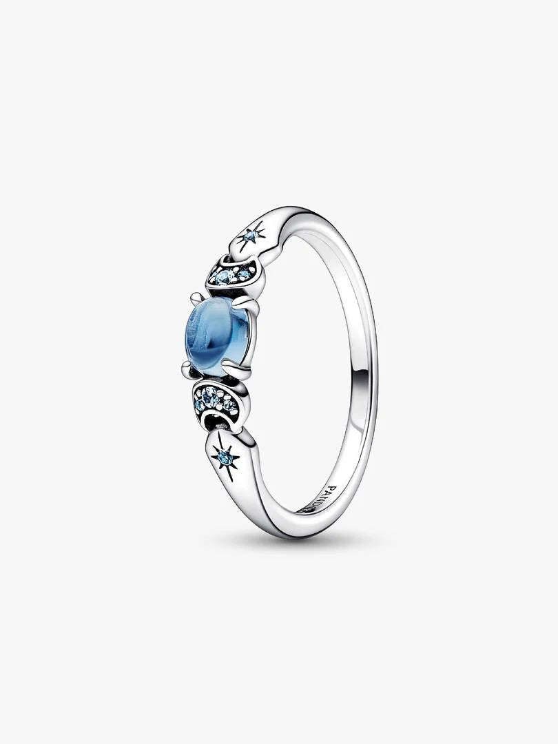 Jasmine-inspired ring with a blue center stone, crescent moons and stars (view 4)